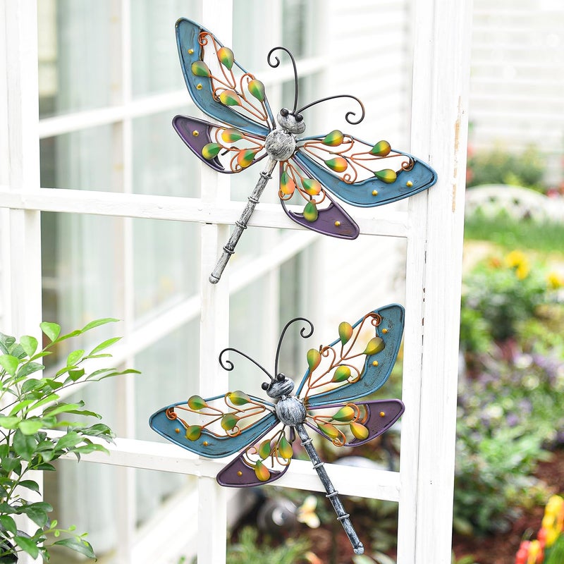 Sungmor Metal Dragonfly Wall Decor, 2PC Colorful Painted Garden Metal Art Decorations, Outdoor Hanging Metal Wall Art, Lovely Dragonfly Sculpture Wall Decoration for Home Yard Patio Garden Fence - Image 3